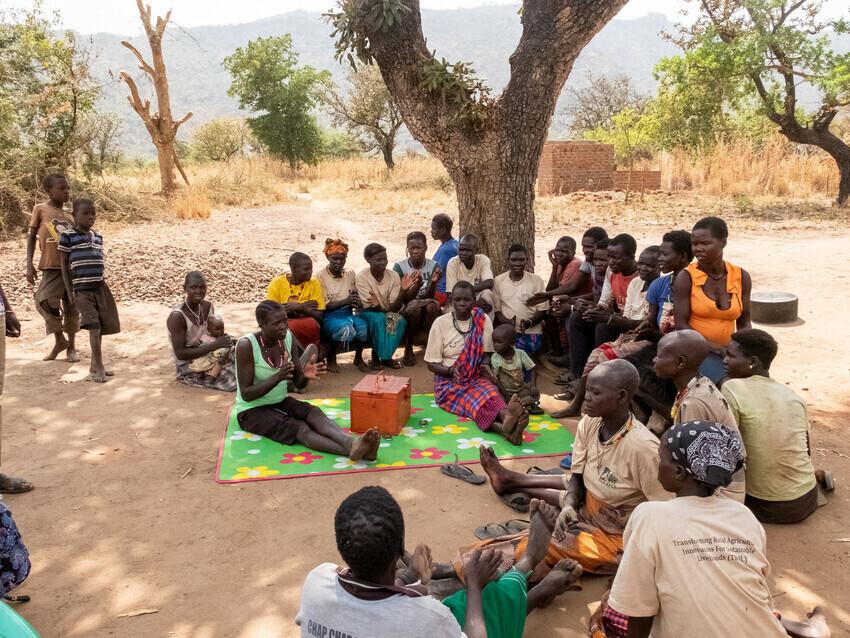 A large group of woman and children sit underneath a tree