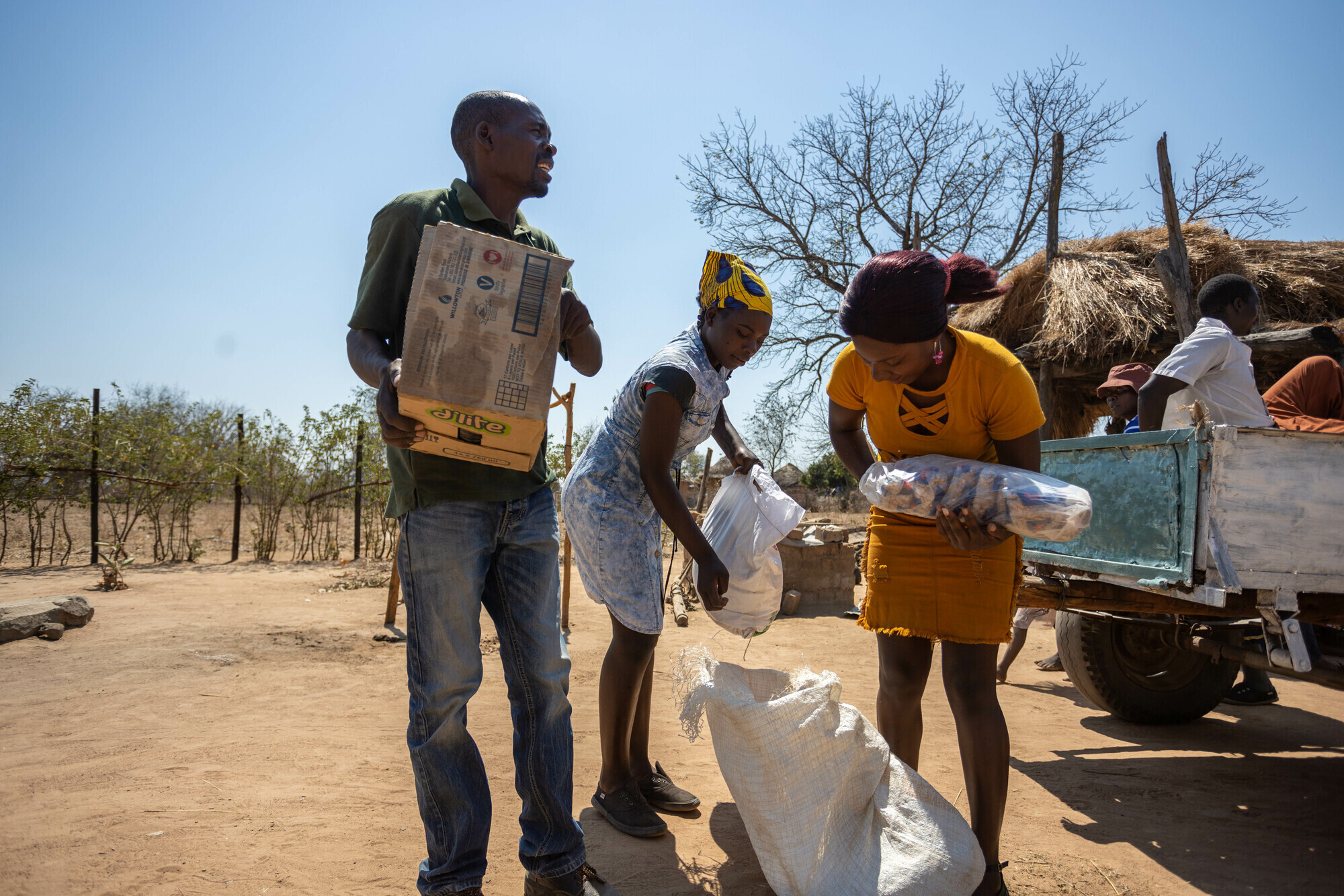 family at a food distribution