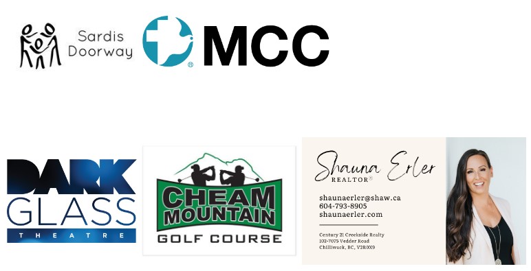 Logos for Sardia Doorway, MCC, Dark Glass Theatre, Cheam Mountain Golf Course, Shauna Erler (Realtor)