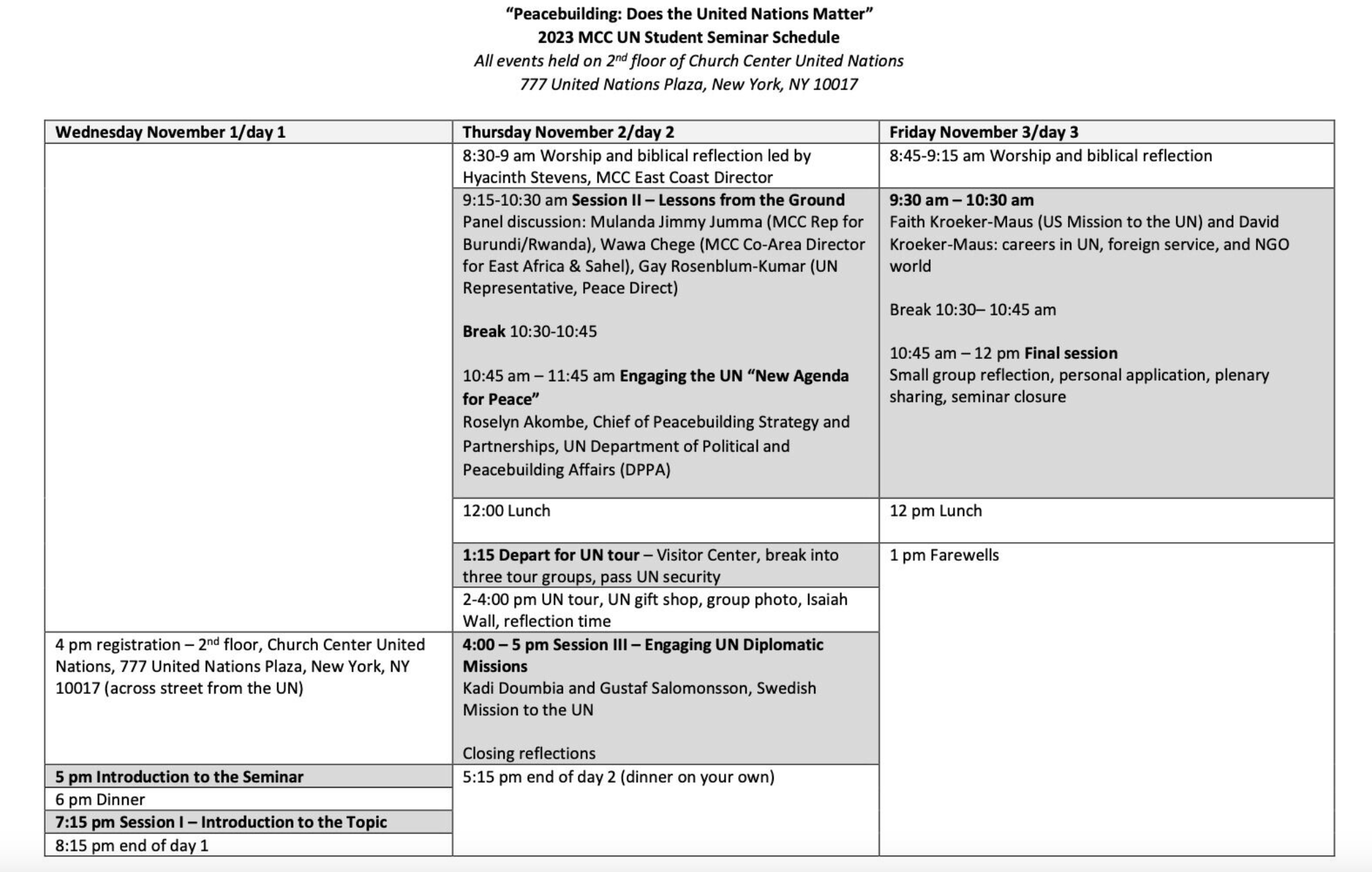 Schedule of the student seminar at the MCC UN office