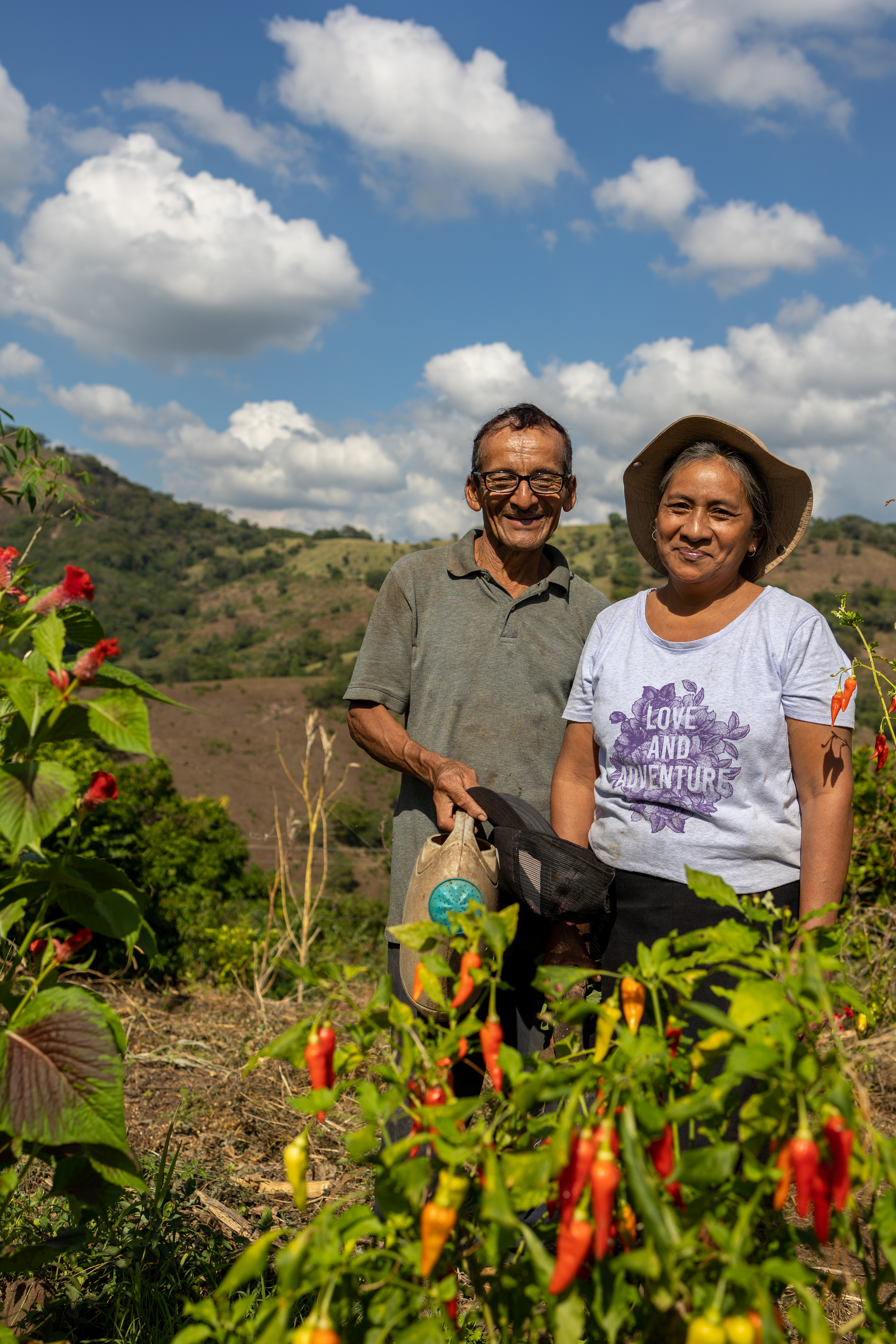 A man and woman standing in a garden