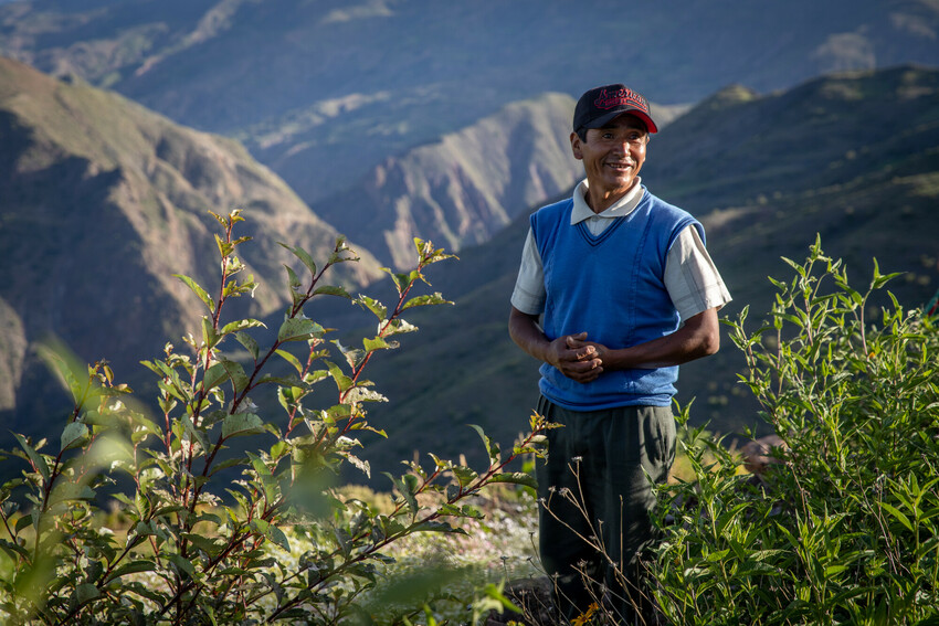 A man speaking in a field atop a hill