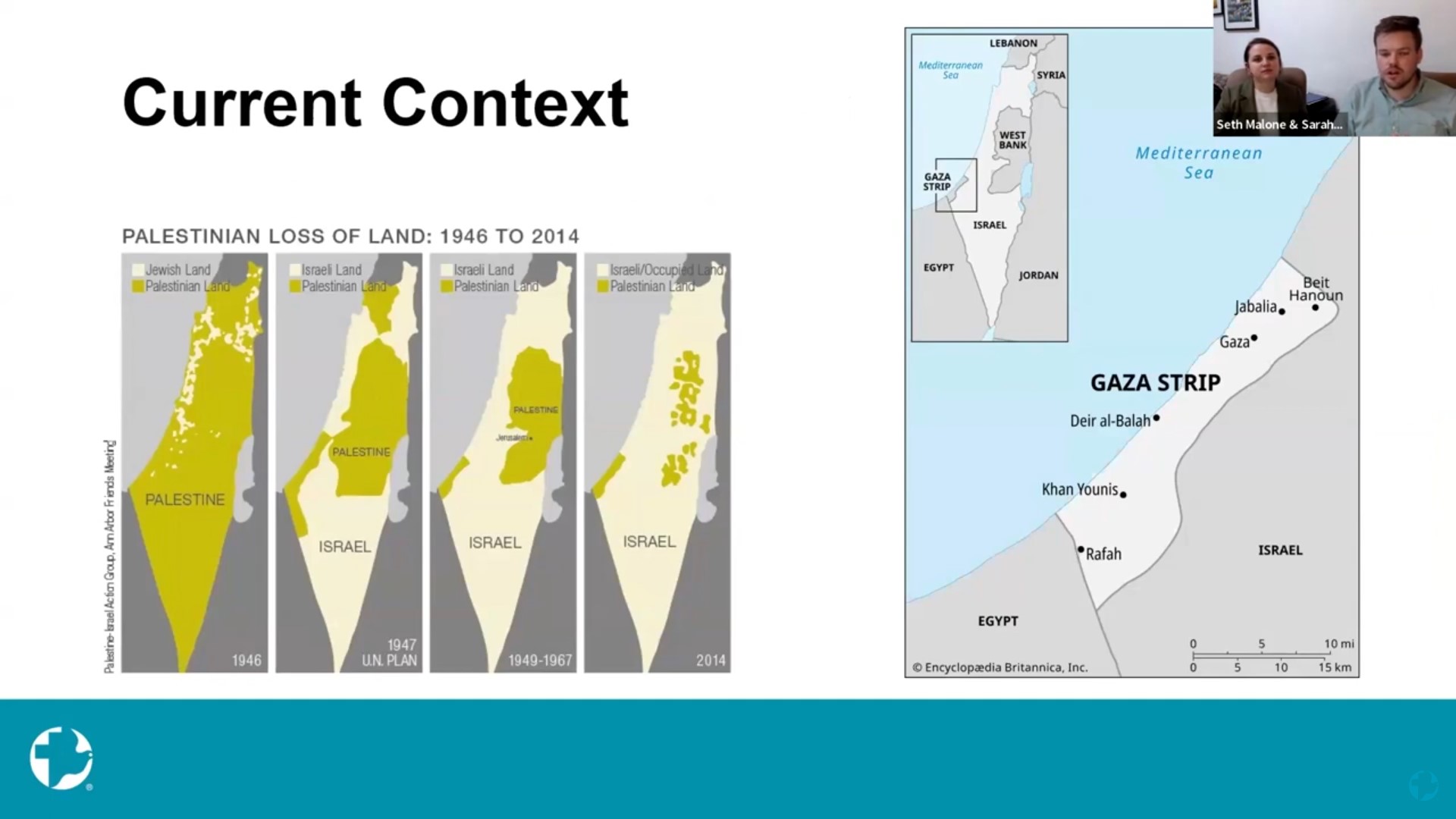 Slide with three maps showing Palestinian land loss from 1946 to 2014.