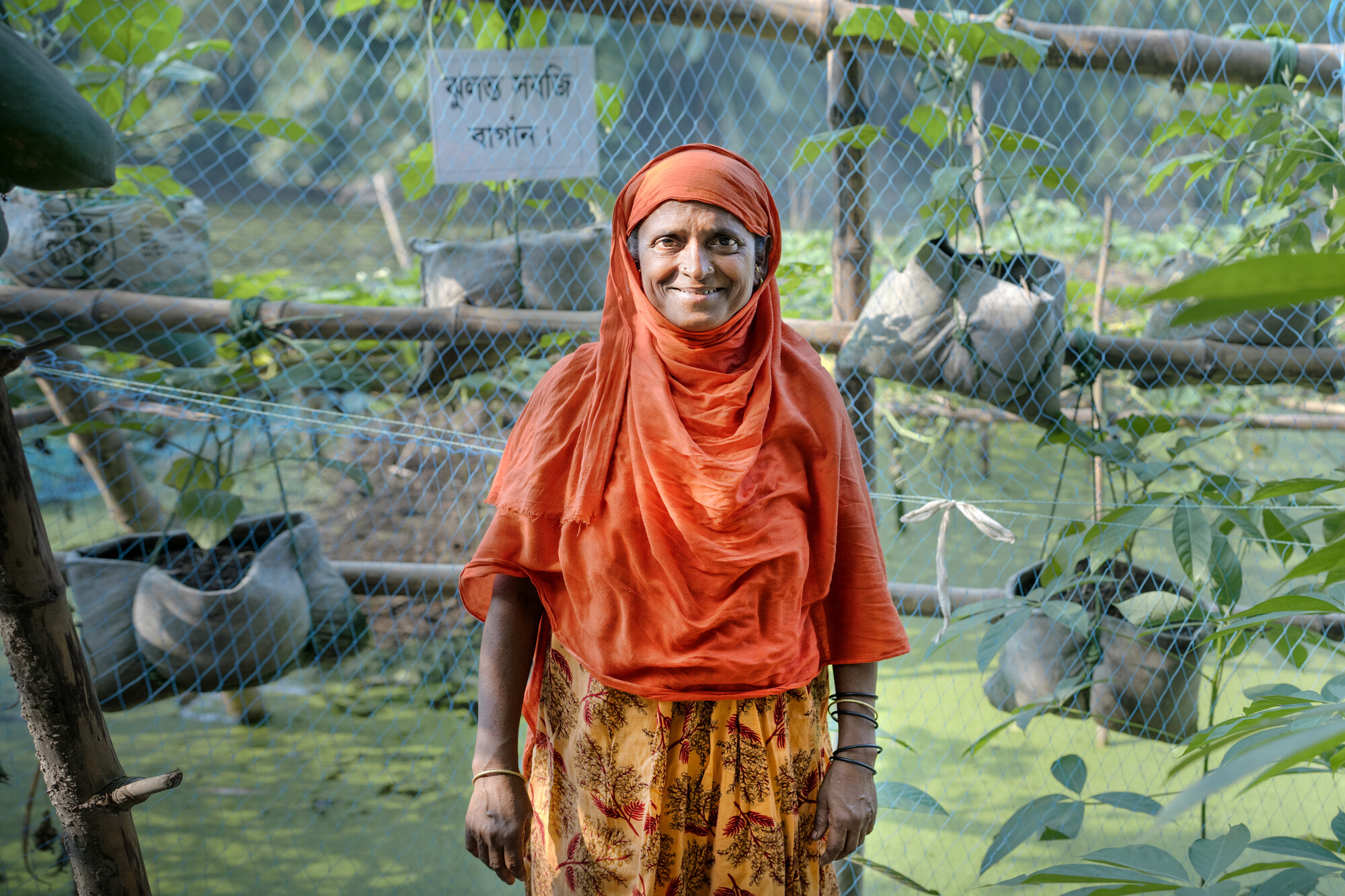 Taslima Khatun at her floating garden with plants growing in a hanging garden along the shore. She can harvest all year round and her garden is safe from floods. Project implemented by MPUS and funded by MCC. Bogura, Bangladesh.