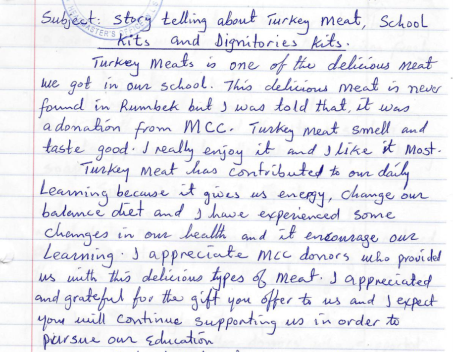 handwritten letter from student in Sudan expressing thanks for canned meat