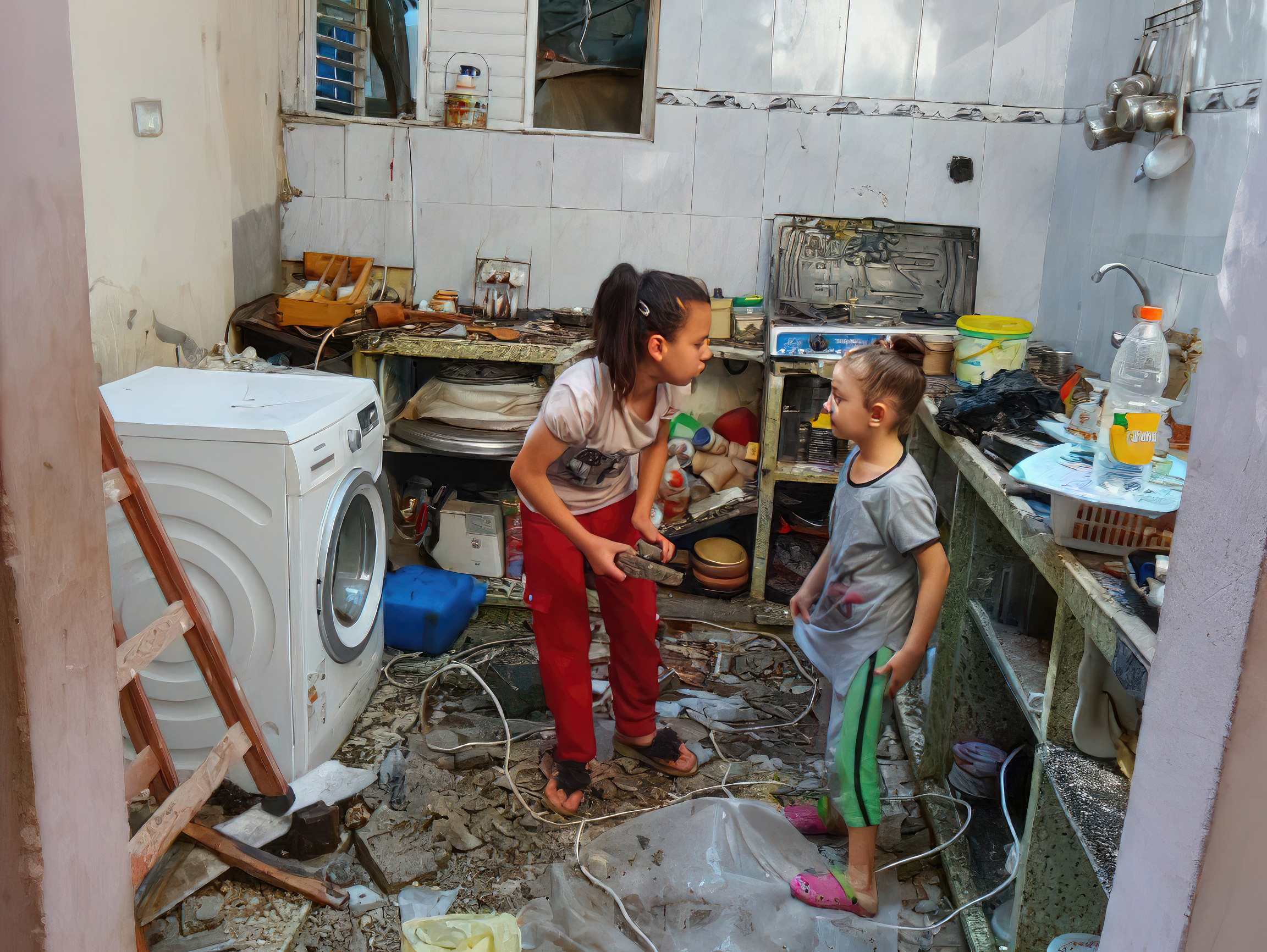 two girls in kitchen damage by bombardment