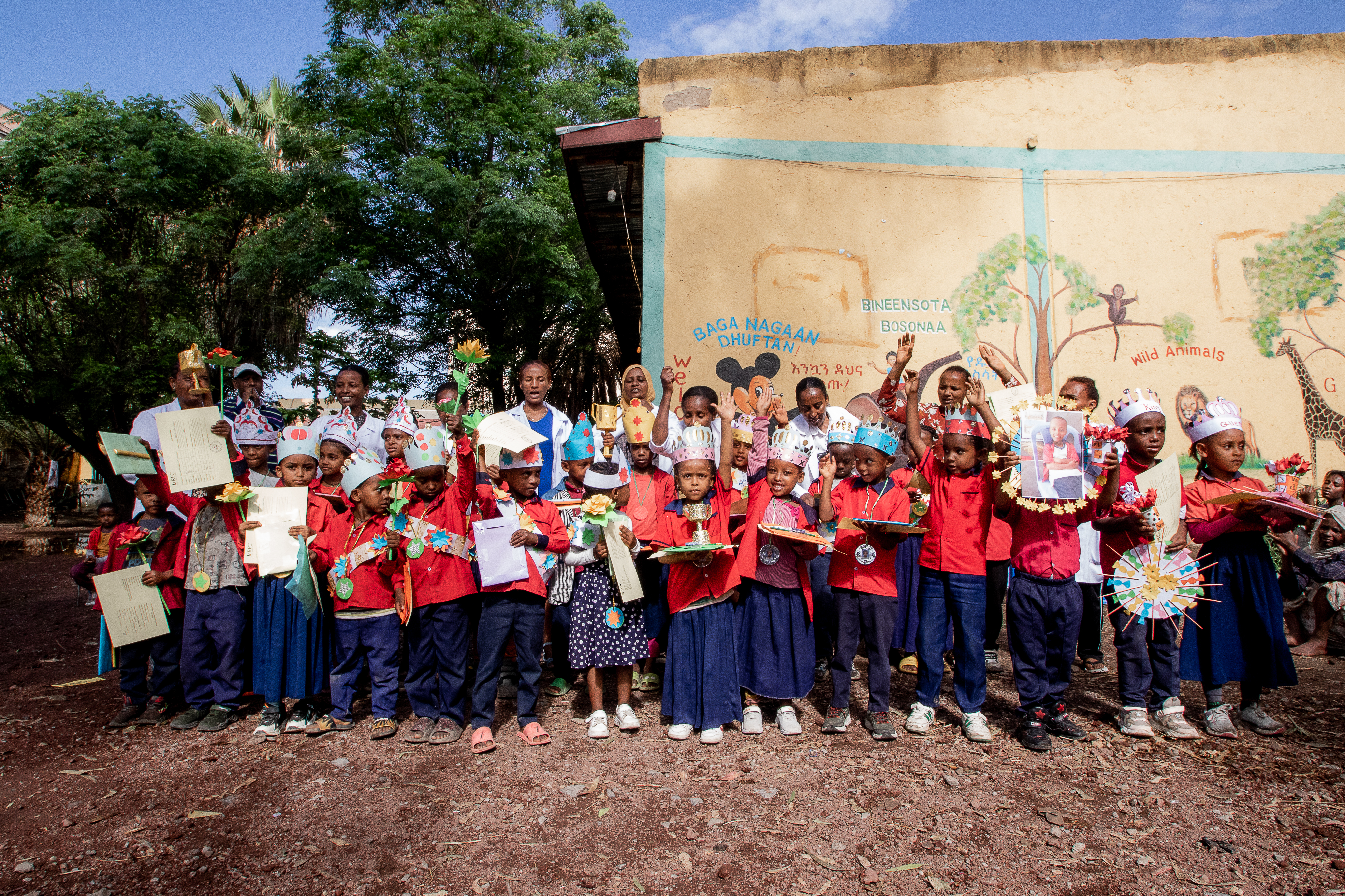 A group photo of top scoring students and staff of the RPC Preschool in Adama Ethiopia in March 2024.