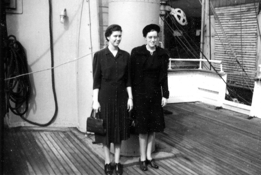 Lois Mary Gunden, left, and Helen Penner on the American Export Lines' "Excambion," early October 1941. Both were traveling to southern France as MCC relief workers.Gunden and Penner began work at