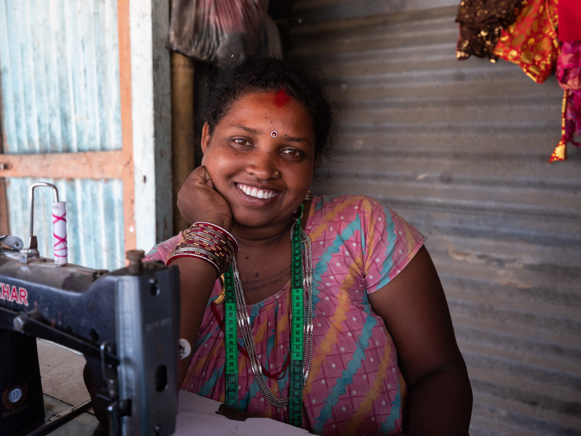 Shova Beshra (33), at her tailoring shop in Santhal Tole, Jahada Rural Municipality- 5, Morang, Nepal  on Tuesday, April 23, 2024