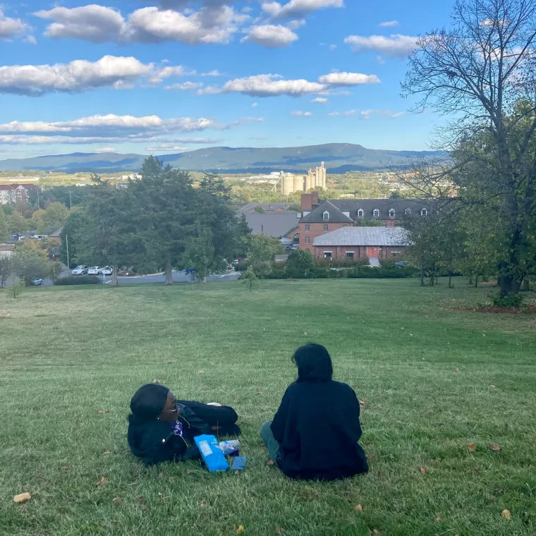 Two individuals sit on a hill overlooking a town.