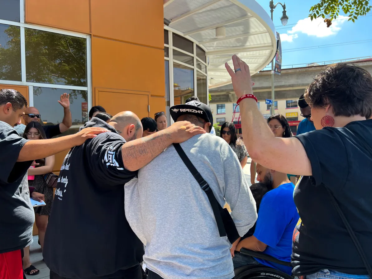 After receiving a tour of Homeboys Industries in Los Angeles, Calif., the group prays with the organization’s participants and staff.