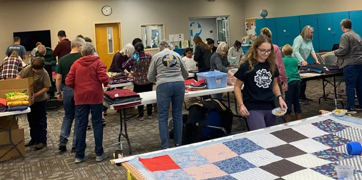 room of busy volunteers