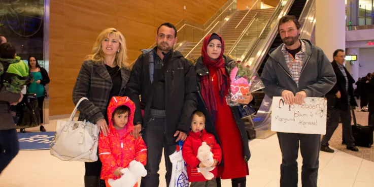 (From left) Fata Muheljic, Reyad Alhamoud, Najwa Hussein Al Mohamad, Paul Waldner, and children, (front) Raghad and Ali. 
	
	Elaine Hofer and Paul Waldner are members of Green Acres Colony, near Wa