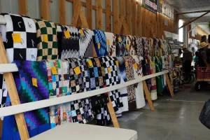 A large number of quilts on display before an auction