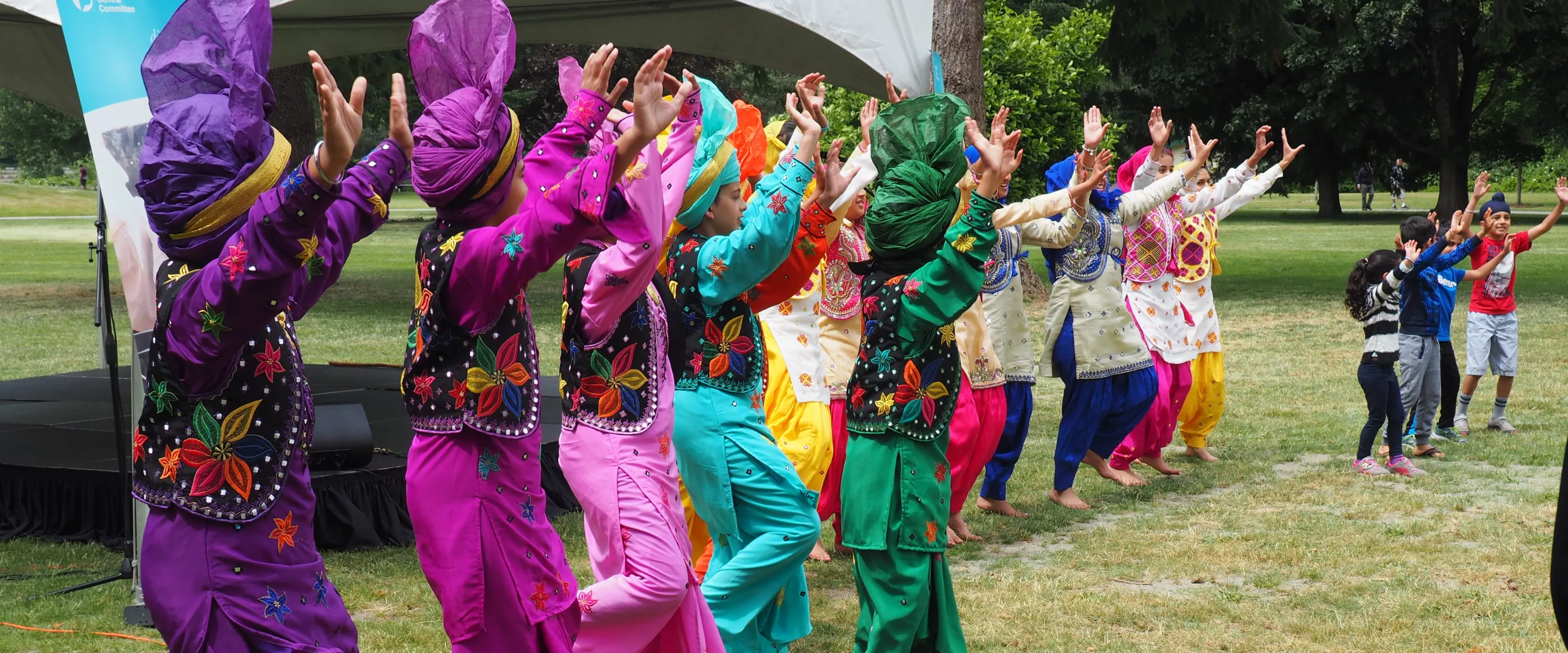 A line of people dancing in a park