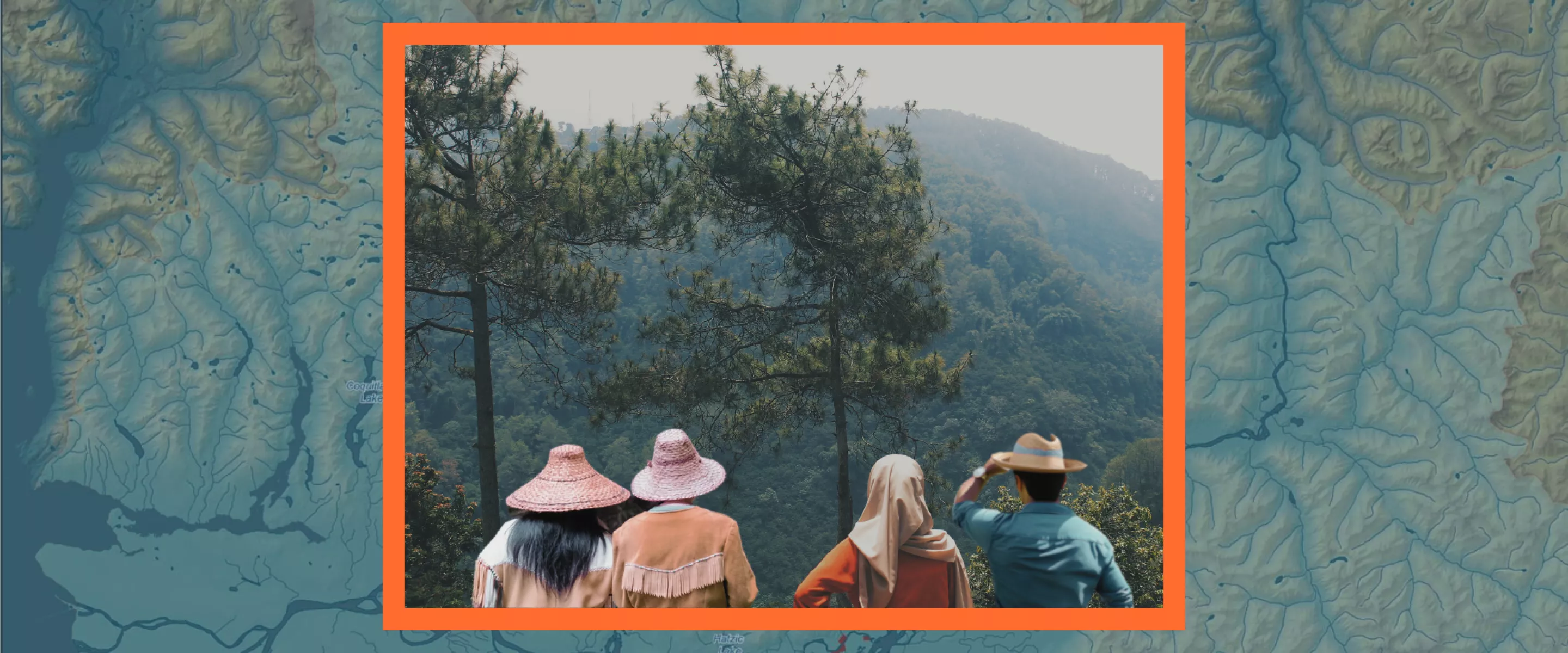 A map in the background with an image of a forested area on top, two Indigenous people and two newcomers in the foreground.