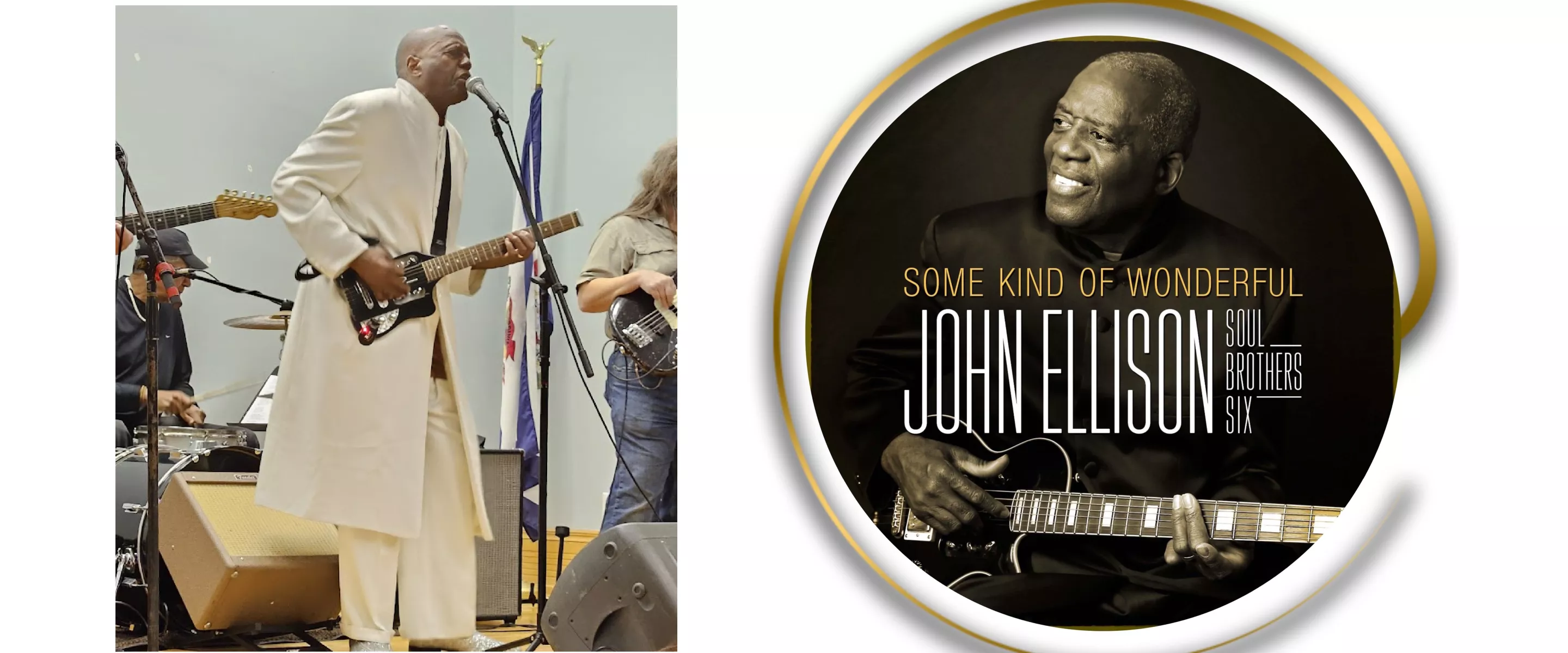 two photos show a man playing guitar and singing