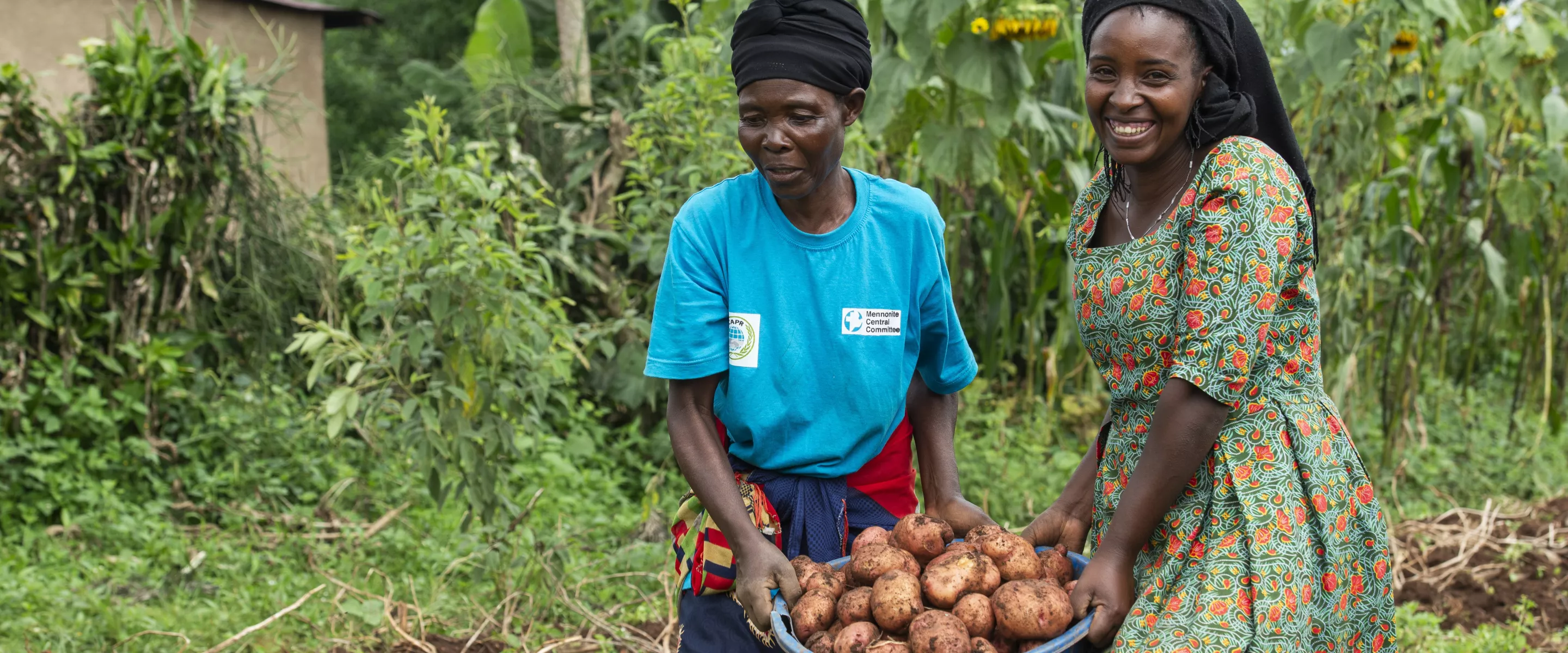 Two women carrying potatoes on a farm.