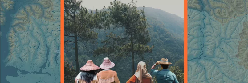 A map in the background with an image of a forested area on top, two Indigenous people and two newcomers in the foreground.