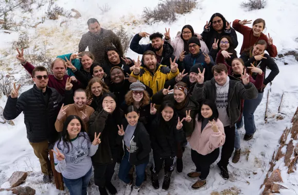 Large group of students in the snow