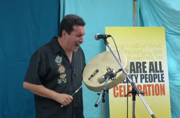 Singer and composer Walking Wolf Ray (Co-Co) Stevenson shares drum songs in the recording session for the We Are All Treaty People Celebration 2020 event sponsored by Mennonite Central Committee broad