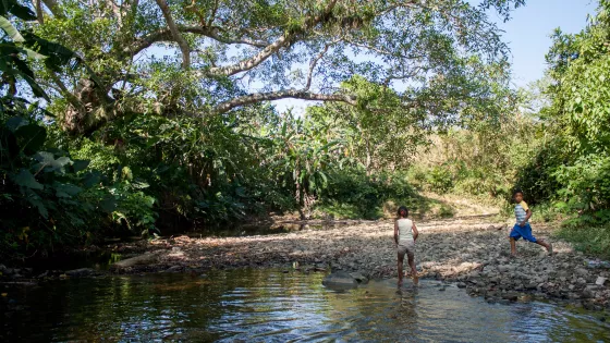 Children playing by a river