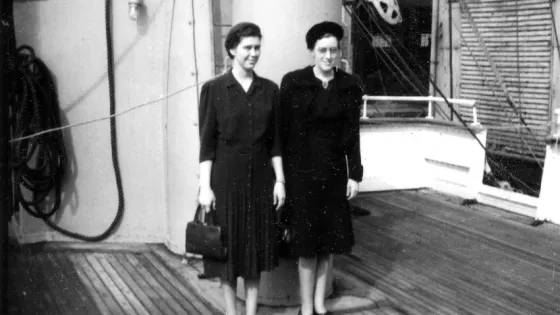 Lois Mary Gunden, left, and Helen Penner on the American Export Lines' "Excambion," early October 1941. Both were traveling to southern France as MCC relief workers.Gunden and Penner began work at