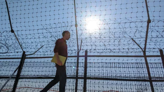 Tim Huber, Anabaptist World associate editor, walks by military fencing along the shore of Gyodong Island, South Korea, on June 1.